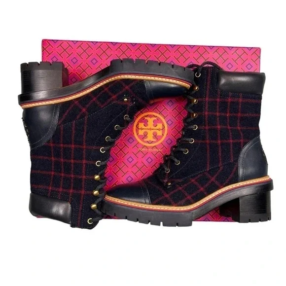Tory Burch Womens Boots Miller 60MM Checked Wool Calf Leather Navy Size 8 - Picture 2 of 13
